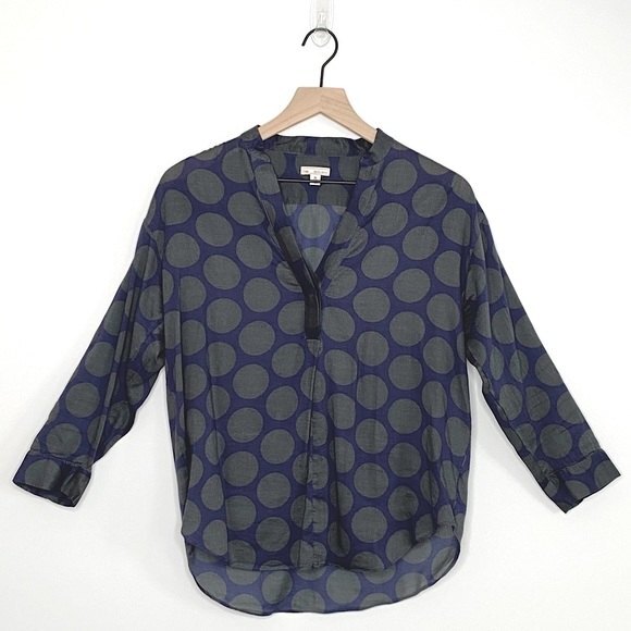 GAP PXS Extra Small Petite Blouse Long Sleeve Split Neck Polka Dot Blue Green - Picture 1 of 12